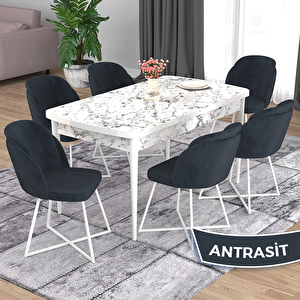 Oga Serisi 80x132 Açılabilir Beyaz Mermer Desen Mutfak Masası Takımı Ve 6 Antrasit Sandalye Antrasit