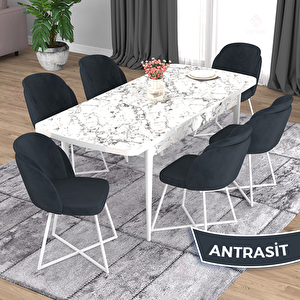 Oga Serisi 80x132 Açılabilir Beyaz Mermer Desen Mutfak Masası Takımı Ve 6 Antrasit Sandalye Antrasit