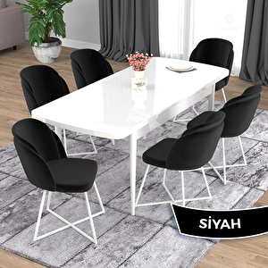 Oga Serisi 80x132 Açılabilir Beyaz Mutfak Masası Takımı Ve 6 Siyah Sandalye Siyah