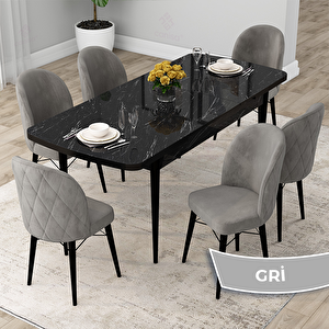 Rut Serisi 80x132 Açılabilir Siyah Mermer Desen Mutfak Masası Takımı Ve 6 Gri Sandalye Gri