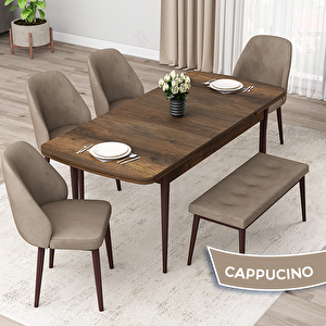 Orf Serisi 80x132 Açılabilir Barok Ahşap Desen Mutfak Masası Takımı Ve 4 Cappucino Sandalye Ve 1 Bench Cappucino