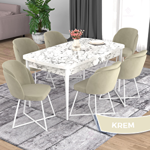 Oga Serisi 80x132 Açılabilir Beyaz Mermer Desen Mutfak Masası Takımı Ve 6 Krem Sandalye Krem