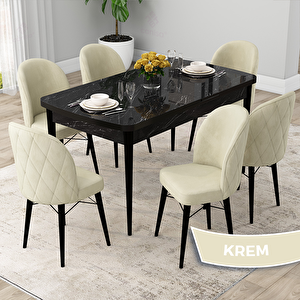 Rut Serisi 80x132 Açılabilir Siyah Mermer Desen Mutfak Masası Takımı Ve 6 Krem Sandalye Krem