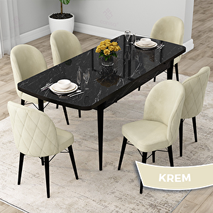 Rut Serisi 80x132 Açılabilir Siyah Mermer Desen Mutfak Masası Takımı Ve 6 Krem Sandalye Krem