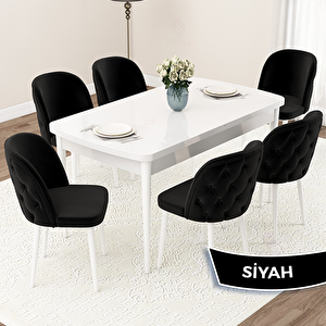 Jae Serisi 80x132 Açılabilir Beyaz Mutfak Masası Takımı Ve 6 Siyah Sandalye Siyah