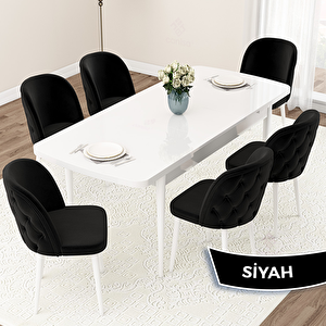 Jae Serisi 80x132 Açılabilir Beyaz Mutfak Masası Takımı Ve 6 Siyah Sandalye Siyah