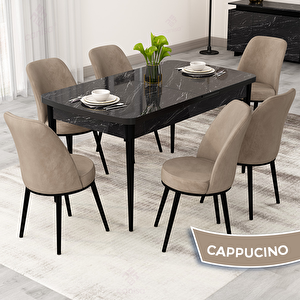 Rax Serisi 80x132 Açılabilir Siyah Mermer Desen Mutfak Masası Takımı Ve 6 Cappucino Sandalye Cappucino