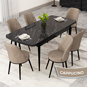Rax Serisi 80x132 Açılabilir Siyah Mermer Desen Mutfak Masası Takımı Ve 6 Cappucino Sandalye Cappucino