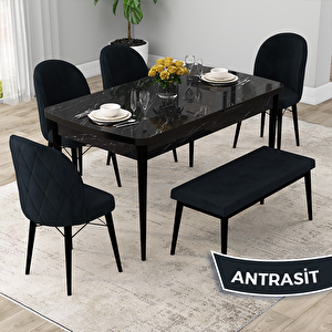 Rut Serisi 80x132 Açılabilir Siyah Mermer Desen Mutfak Masası Takımı Ve 4 Antrasit Sandalye Ve 1 Bench Antrasit