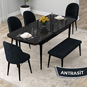 Rut Serisi 80x132 Açılabilir Siyah Mermer Desen Mutfak Masası Takımı Ve 4 Antrasit Sandalye Ve 1 Bench Antrasit
