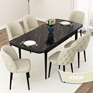 Jae Serisi 80x132 Açılabilir Siyah Mermer Desen Mutfak Masası Takımı Ve 6 Krem Sandalye Krem