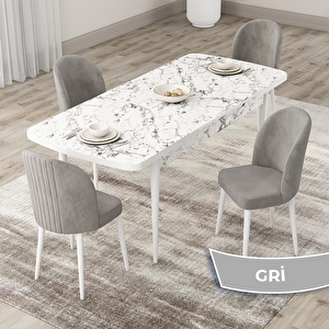 Roe Serisi 80x132 Açılabilir Beyaz Mermer Desen Mutfak Masası Takımı Ve 4 Gri Sandalye Gri