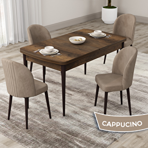 Roe Serisi 80x132 Açılabilir Barok Ahşap Desen Mutfak Masası Takımı Ve 4 Cappucino Sandalye Cappucino