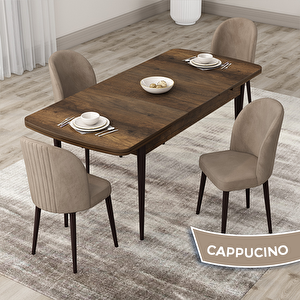Roe Serisi 80x132 Açılabilir Barok Ahşap Desen Mutfak Masası Takımı Ve 4 Cappucino Sandalye Cappucino