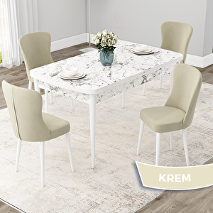 Due Serisi 80x132 Açılabilir Beyaz Mermer Desen Mutfak Masası Takımı Ve 4 Krem Sandalye Krem