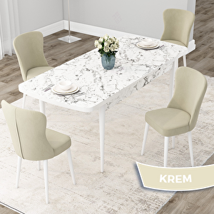 Due Serisi 80x132 Açılabilir Beyaz Mermer Desen Mutfak Masası Takımı Ve 4 Krem Sandalye Krem