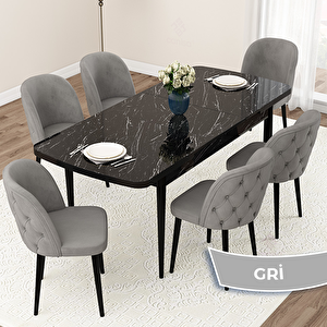 Jae Serisi 80x132 Açılabilir Siyah Mermer Desen Mutfak Masası Takımı Ve 6 Gri Sandalye Gri
