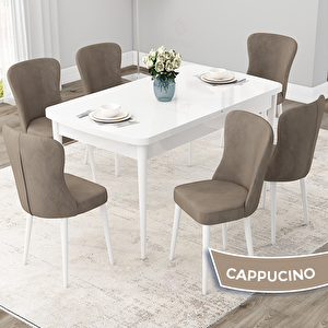 Due Serisi 80x132 Açılabilir Beyaz Mutfak Masası Takımı Ve 6 Cappucino Sandalye Cappucino