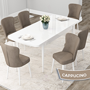 Due Serisi 80x132 Açılabilir Beyaz Mutfak Masası Takımı Ve 6 Cappucino Sandalye Cappucino