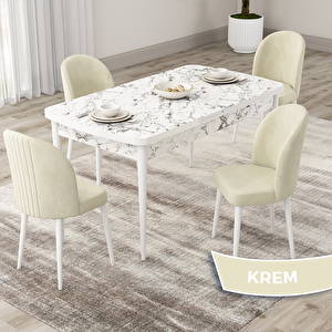 Roe Serisi 80x132 Açılabilir Beyaz Mermer Desen Mutfak Masası Takımı Ve 4 Krem Sandalye Krem