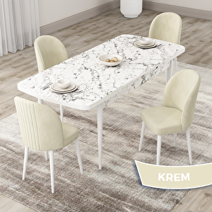 Roe Serisi 80x132 Açılabilir Beyaz Mermer Desen Mutfak Masası Takımı Ve 4 Krem Sandalye Krem