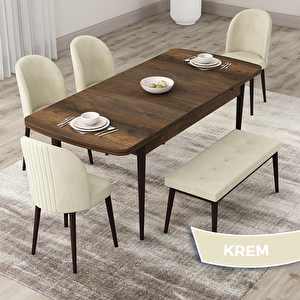 Roe Serisi 80x132 Açılabilir Barok Ahşap Desen Mutfak Masası Takımı Ve 4 Krem Sandalye Ve 1 Bench Krem
