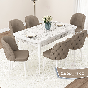 Jae Serisi 80x132 Açılabilir Beyaz Mermer Desen Mutfak Masası Takımı Ve 6 Cappucino Sandalye Cappucino