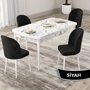 Roe Serisi 80x132 Açılabilir Beyaz Mermer Desen Mutfak Masası Takımı Ve 4 Siyah Sandalye Siyah