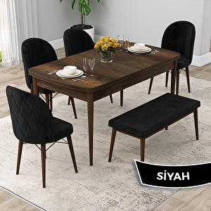 Rut Serisi 80x132 Açılabilir Barok Ahşap Desen Mutfak Masası Takımı Ve 4 Siyah Sandalye Ve 1 Bench Siyah