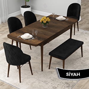 Rut Serisi 80x132 Açılabilir Barok Ahşap Desen Mutfak Masası Takımı Ve 4 Siyah Sandalye Ve 1 Bench Siyah
