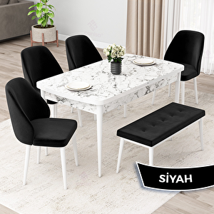 Orf Serisi 80x132 Açılabilir Beyaz Mermer Desen Mutfak Masası Takımı Ve 4 Siyah Sandalye Ve 1 Bench Siyah