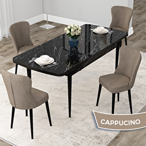 Due Serisi 80x132 Açılabilir Siyah Mermer Desen Mutfak Masası Takımı Ve 4 Cappucino Sandalye Cappucino