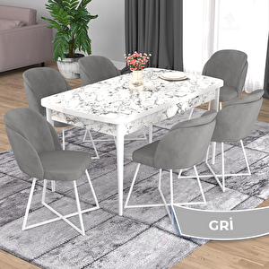 Oga Serisi 80x132 Açılabilir Beyaz Mermer Desen Mutfak Masası Takımı Ve 6 Gri Sandalye Gri