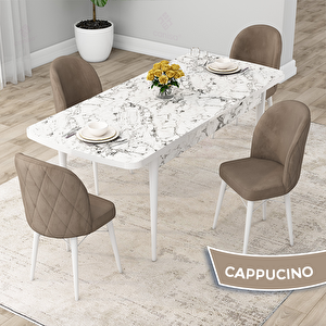 Rut Serisi 80x132 Açılabilir Beyaz Mermer Desen Mutfak Masası Takımı Ve 4 Cappucino Sandalye Cappucino