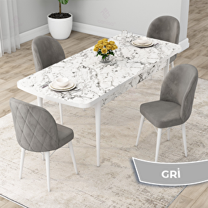 Rut Serisi 80x132 Açılabilir Beyaz Mermer Desen Mutfak Masası Takımı Ve 4 Gri Sandalye Gri