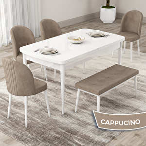 Roe Serisi 80x132 Açılabilir Beyaz Mutfak Masası Takımı Ve 4 Cappucino Sandalye Ve 1 Bench Cappucino