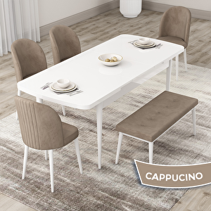 Roe Serisi 80x132 Açılabilir Beyaz Mutfak Masası Takımı Ve 4 Cappucino Sandalye Ve 1 Bench Cappucino