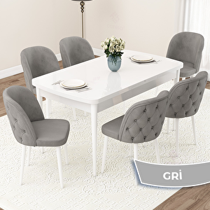 Jae Serisi 80x132 Açılabilir Beyaz Mutfak Masası Takımı Ve 6 Gri Sandalye Gri