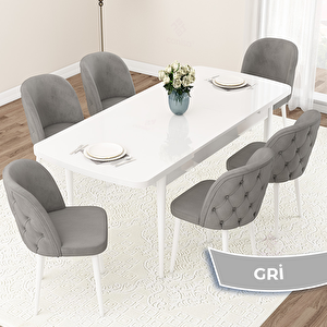 Jae Serisi 80x132 Açılabilir Beyaz Mutfak Masası Takımı Ve 6 Gri Sandalye Gri