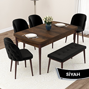 Jae Serisi 80x132 Açılabilir Barok Ahşap Desen Mutfak Masası Takımı Ve 4 Siyah Sandalye Ve 1 Bench Siyah