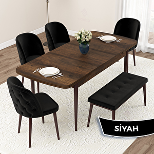 Jae Serisi 80x132 Açılabilir Barok Ahşap Desen Mutfak Masası Takımı Ve 4 Siyah Sandalye Ve 1 Bench Siyah