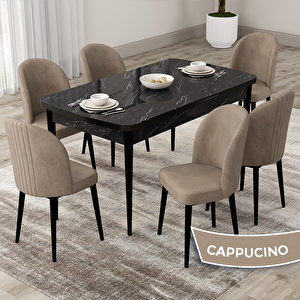 Roe Serisi 80x132 Açılabilir Siyah Mermer Desen Mutfak Masası Takımı Ve 6 Cappucino Sandalye Cappucino