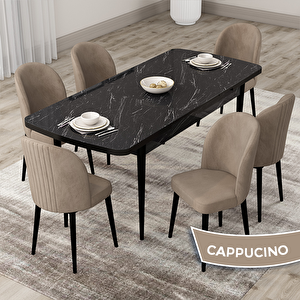 Roe Serisi 80x132 Açılabilir Siyah Mermer Desen Mutfak Masası Takımı Ve 6 Cappucino Sandalye Cappucino