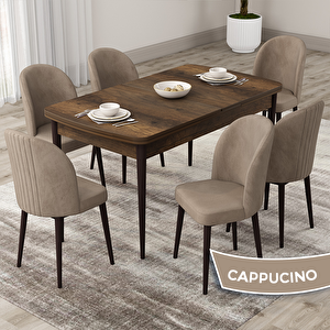 Roe Serisi 80x132 Açılabilir Barok Ahşap Desen Mutfak Masası Takımı Ve 6 Cappucino Sandalye Cappucino