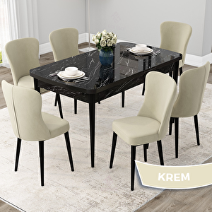 Due Serisi 80x132 Açılabilir Siyah Mermer Desen Mutfak Masası Takımı Ve 6 Krem Sandalye Krem