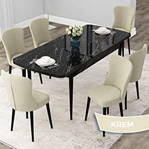 Due Serisi 80x132 Açılabilir Siyah Mermer Desen Mutfak Masası Takımı Ve 6 Krem Sandalye Krem