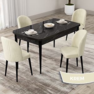 Roe Serisi 80x132 Açılabilir Siyah Mermer Desen Mutfak Masası Takımı Ve 4 Krem Sandalye Krem