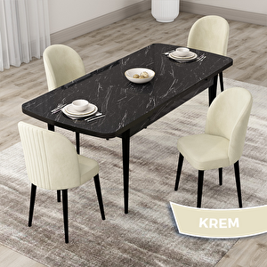 Roe Serisi 80x132 Açılabilir Siyah Mermer Desen Mutfak Masası Takımı Ve 4 Krem Sandalye Krem