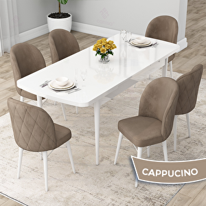 Rut Serisi 80x132 Açılabilir Beyaz Mutfak Masası Takımı Ve 6 Cappucino Sandalye Cappucino