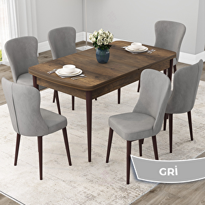 Due Serisi 80x132 Açılabilir Barok Ahşap Desen Mutfak Masası Takımı Ve 6 Gri Sandalye Gri